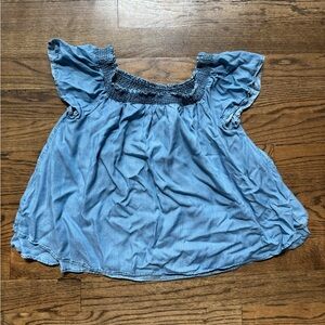 Crown & Ivy Denim Chambray Blue Flutter Sleeve Blouse, XL